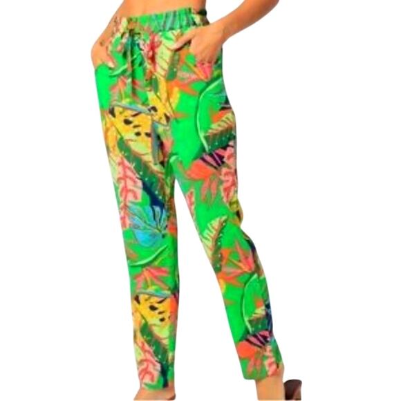 Olivaceous Pants - Oliviaceous Women's Medium Multicolor Tropical Print Elastic Waist Pocket Pants